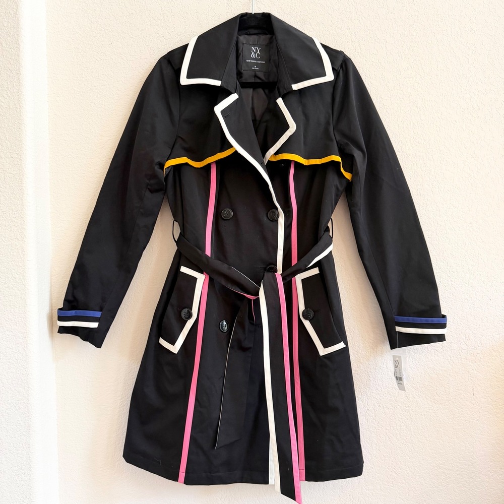 NEW New York & Company Colorblock Trench Coat Sz M Pop Art Graphic Career Retro